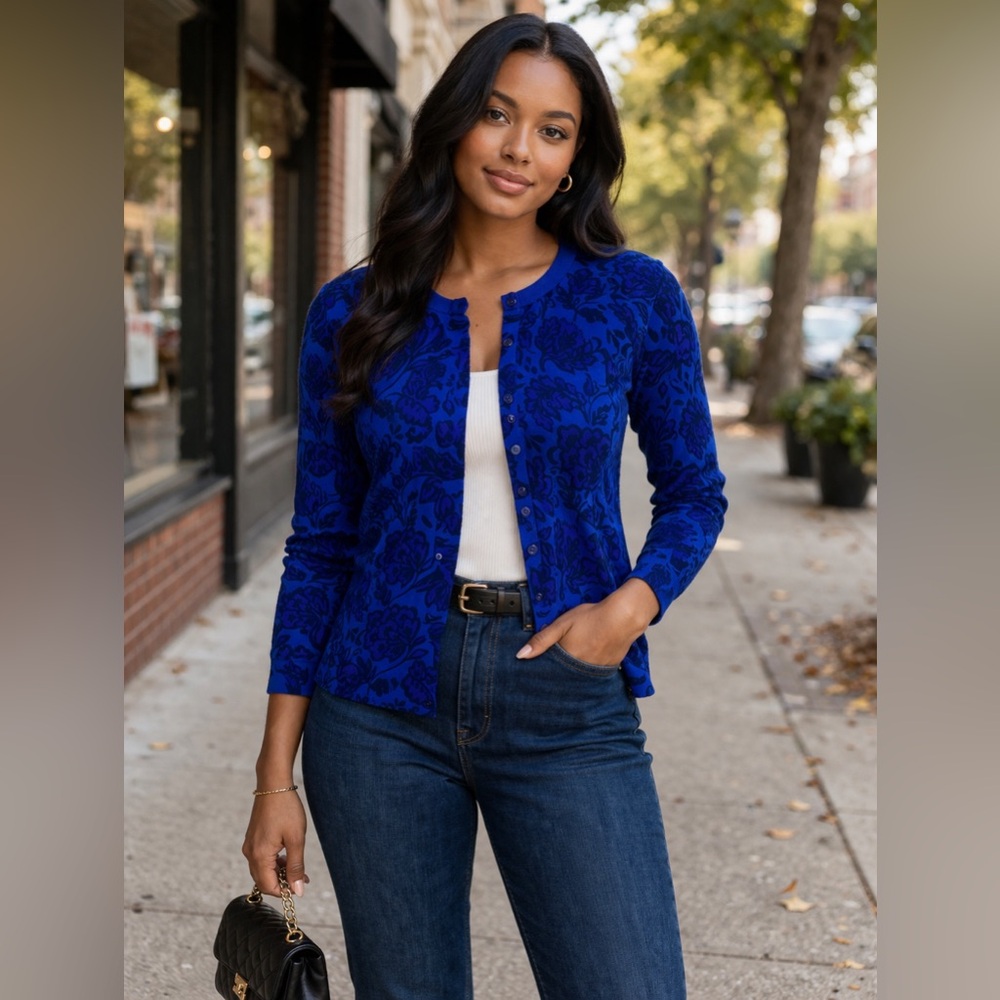 Time and Tru Blue Floral Cardigan Sweater Size L 12-14 Button Front Lightweight